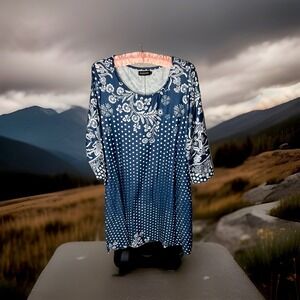 Reborn Women Navy Blue Polka Dot & Floral Dress 3/4 Sleeve Poly Blend Tshirt